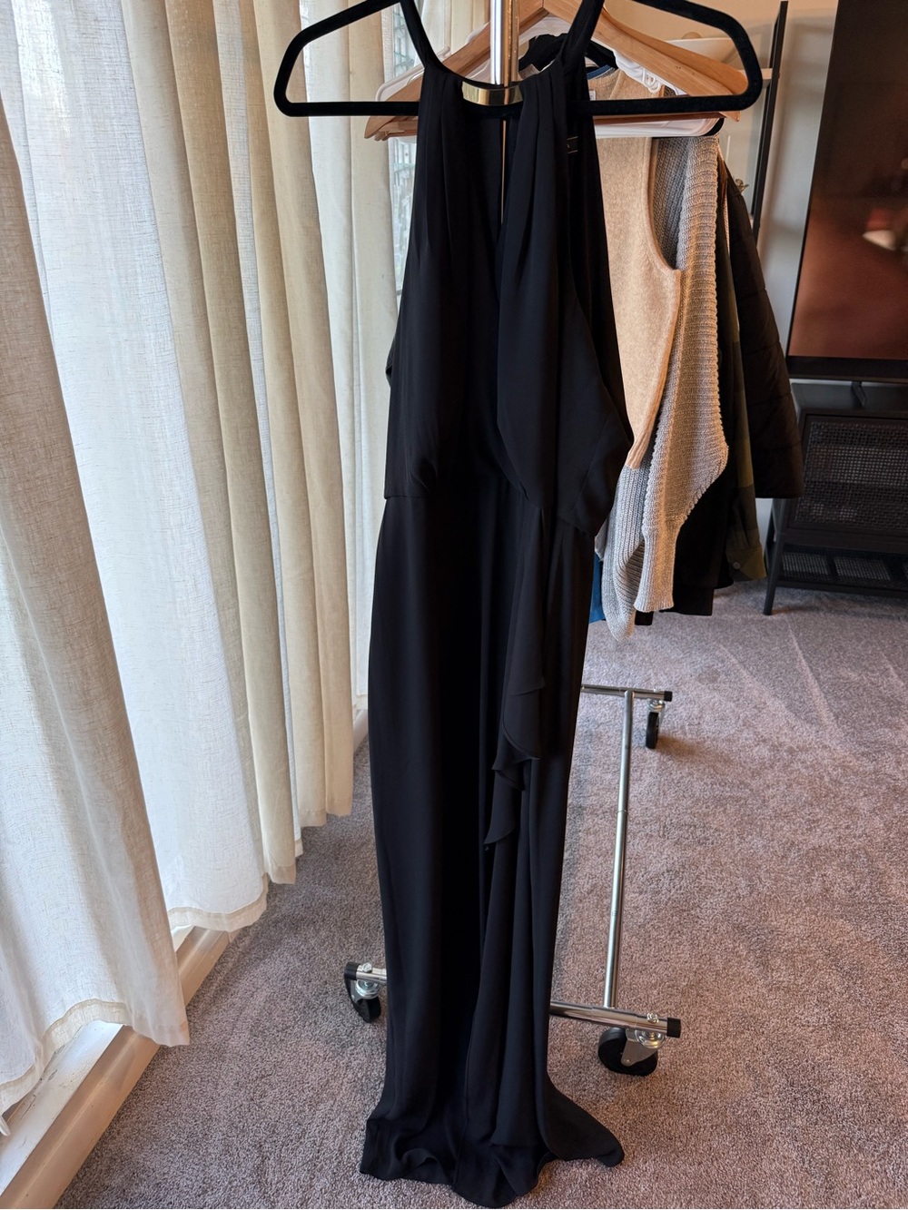 BCBGMAXAZRIA Black Halter Maxi Dress Ruffle Formal Gown Size 12